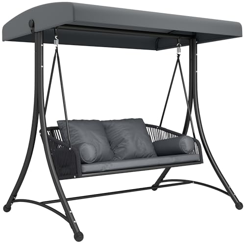 Outsunny Balancelle de jardin 2 places en rotin avec auvent réglable, coussin doux, cadre en A, banc à bascule jusqu'à 240 kg, pour jardin, terrasse, 178 x 120 x 172 cm, gris foncé