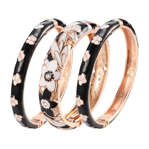 UJOY Vintage Cloisonne Bracelet Beautiful Flower Enamel Hinge Gold Plated Rose Bangles Jewelry for Women's Gifts 88A11 3pcs Black Cover