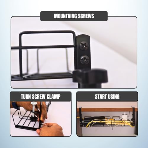 Image of No Drill Cable Organizer for Desk | Under Desk Cable Management Tray & Wire Organizer for Home and Office, Desk Cable Organizer for Adapters, Chargers & Power Cords, 40x15x13 cm (Black)