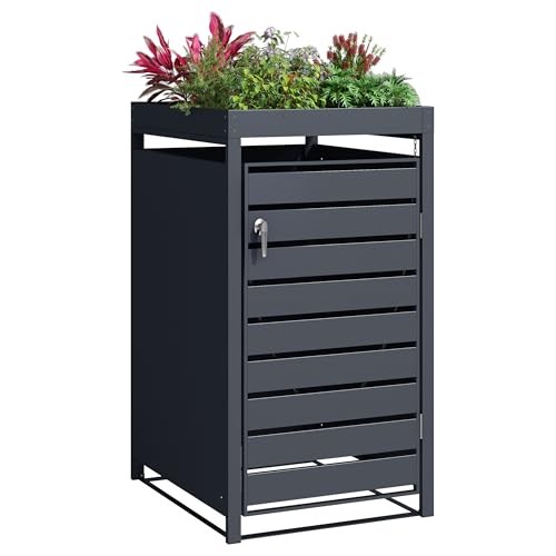 DWD® Garden Single Wheelie Bin Hideaway with Plant Roof 120L / 240L Waste Bin Storage Shed w/Locking Door Outdoor Hygienic Rustproof Dustbin Cover Powder coated Steel Matt Grey RAL7016 Grey Slats