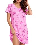 Kallenorox Nightgowns for Women Short Sleeve Night Gowns for Adult Women V Neck Sleep Shirts Ladies Pink Bow Pajama Dress Soft Sleepwear Size X-Large