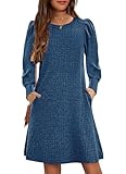 YOVION Girls Fall Knit Dress Crew Neck Puff Long Sleeve Casual Tunic Dresses with Pockets 6-12 Y Navy Blue