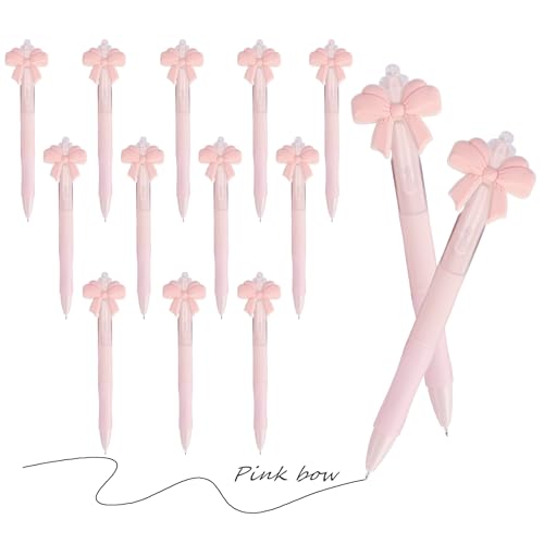 Sariiraw 12 Pcs Bow Pens, Coquette Aesthetic Pink Retractable Ballpoint Pens with Bowknot Decor, Black Ink Cute Pens for Girls Women, School Office Supplies, Birthday Party Favors