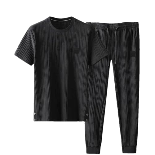 Men’S Summer Ice Silk Casual Sport Suit O-Neck Short Sleeve Drawstring Waist Pleated Thin Tracksuit