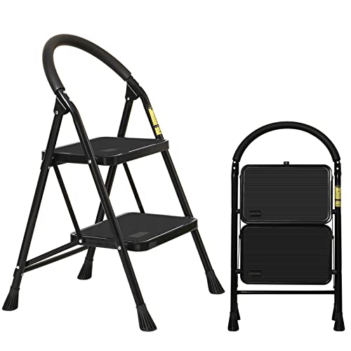 XinSunho Step Ladder 2 Step, Folding Step Stool with Wide Anti-Slip Pedal and Comfort Handgrip, 330lbs Portable Steel Ladder Lightweight 2 Step Stool for Adults and Home, Black