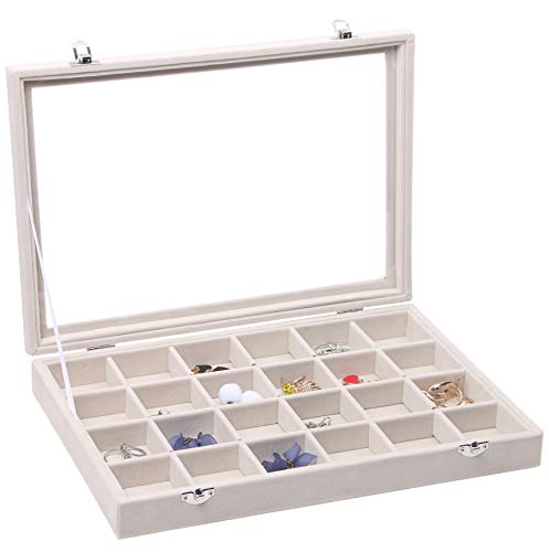 Stratalife Velvet Clear Lid 24 Grid Jewelry Organizer Storage Tray Stackable for Jewelry Display Case Holder Showcase(24 Grids)