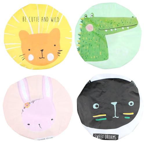 Gorro de ducha flexible para mujeres y niños, 4 piezas reutilizables con motivos lindos