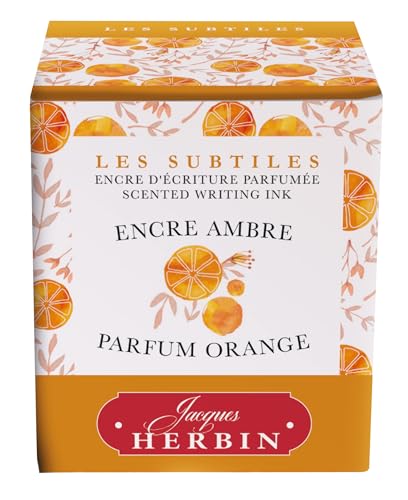 Jacques Herbin 13756T – Butelka pachnącego atramentu „Les Subtiles” do piór wiecznych i długopisów wiecznych – 30 ml – atrament bursztynowy i zapach pomarańczowy – Wyprodukowano we Francji