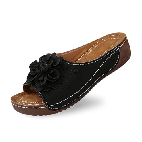 Chaussures compensées femme élégantes en cuir véritable avec détails fleurs raffinés