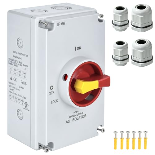 UL-Listed 63Amp AC Disconnect Switch 3-Pole 800V AC; PV Isolation On Off; IP66 Waterproof 3 Phase Disconnect Box Outdoor Breaker 3-Ways
