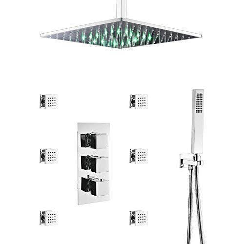 Système de douche thermostatique en laiton à effet pluie avec finition en chrome avec jets de pulvérisation pour le corps, montage au plafond de la salle de bain 16 pouces LED pomme de douche Ensemble de robinet de douche à main (mitigeur inclus)