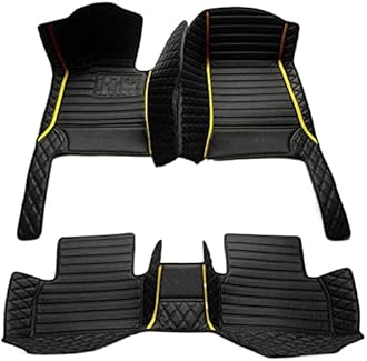 Custom Making Car Floor Mats for 95% Sedan SUV Sports Car Full Coverage Cute Men Women Pads Protection Non-Slip Leather Floor Liners (Black Yellow Strips)