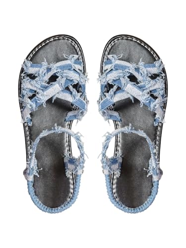 Floerns Women's Criss Cross Denim Sandals Strappy Flat Sandals with Ankle Straps Blue 9.5