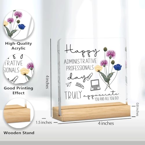 Administrative Assistant Gifts for Women Appreciation Gifts for Secretary Aministrator Happy Administrative Professional Day Gifts Clear Acrylic Desk Decor Sign with Wood Stand for Office 4 X 4 Inch