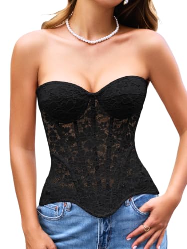 ChiaoLezhee Women's French Romance Corsets, Sheer Floral Lace Fits 0-18, Push-Up Bustier with Boning and Adjustable Lacing,Lace Up Mesh Strapless Overbust Wedding Bridal Corset Top,Black,X-Large