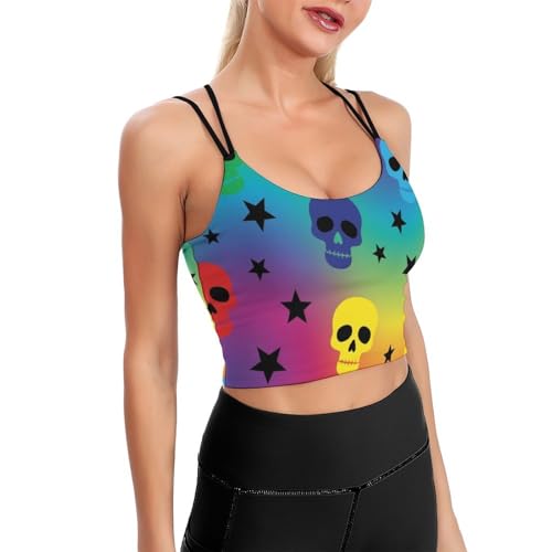 Casual Support Yoga Bra Trippy Colorful Neon Skulls, Padded Gym Running Workout Tank, Wirefree Sports Top for Women & Girls