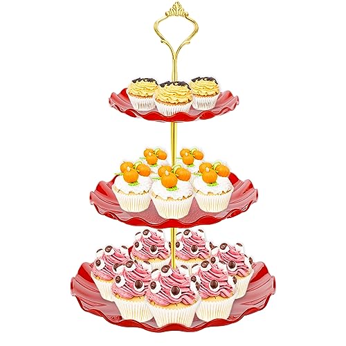 BACUTHY 3 Tier Cupcake Stand Holder, Plastic Cup Cake Stand Tower with Tiered Serving Tray for Cupcakes, Donuts, Fruits and More, Red