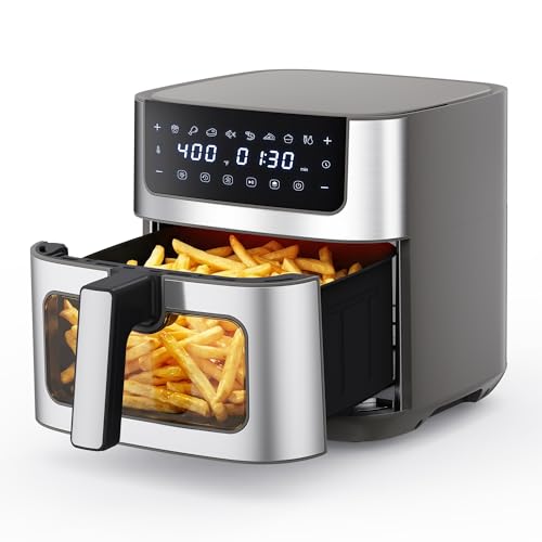 NEWBULIG Air Fryer 6.34QT, Airfryer with Visible Window, 400℉ Fast Heating Air Fryers Oven with Nonstick and Dishwasher-Safe Basket, 8-in-1 Cooking Preset, Timer，Auto-Off, Stainless Steel, Grey