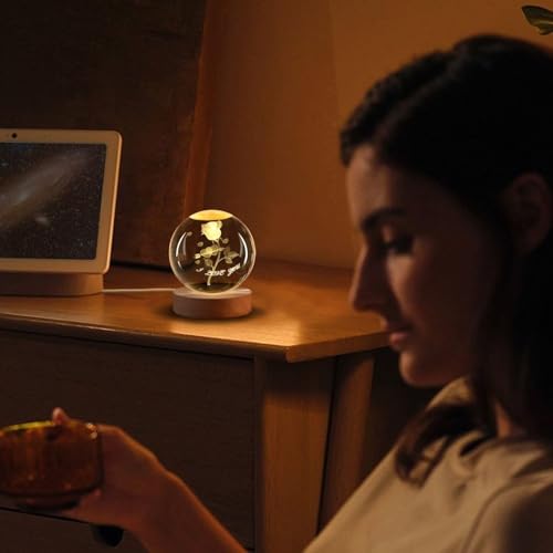 Image of STARKENDY 3D Rose Crystal Ball LED Night Lamp, Creative Engraved Night Light Wooden Base, Warm White Decorative Table Lamp for Home, Office, Bedroom, Birthday Gift