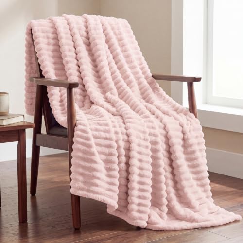 Image of Utopia Bedding Fluffy Striped Fleece Blanket Pink Throw, 127x152 cm | Cosy Warm Ribbed Blanket For Bed, sofa & Couch, Soft Lightweight Home Gift for Men and Women