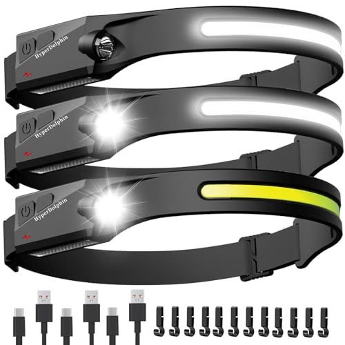HyperDolphin Headlamp Rechargeable LED (3 Pack) 230° Wide Beam, USB-C Lightweight Head Lamp, Long Runtime, Water-Resistant for Camping, Hiking, Running, Fishing, Repair Work