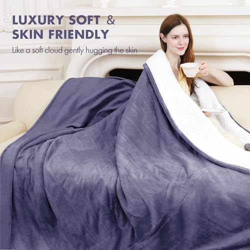 Heated Blanket Throw 50" x 60" - Soft Flannel Sherpa Electric Blanket Throw with 5 Heating Levels & 4 Hours Auto Off, Machine Washable, Ideal Gift for Grandma (Purple)