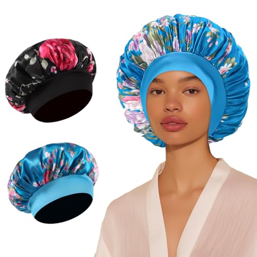 2Pcs Satin Bonnet Silk Bonnet for Sleeping, Bonnets for Women Silk Sleep Cap for Curly Hair, Hair Wrap With Wide Soft Band (Blue Black Floral) Srevela