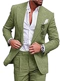 Men Suits 2 Piece Set Tuxedo Summer Casual Linen Men's Slim Fit Beach Wedding Daily Prom Dinner Party Homcoming Grooms Suit One Button Peak Lapel Regular Fit Jacket Blazer Pants Grass Green XXS
