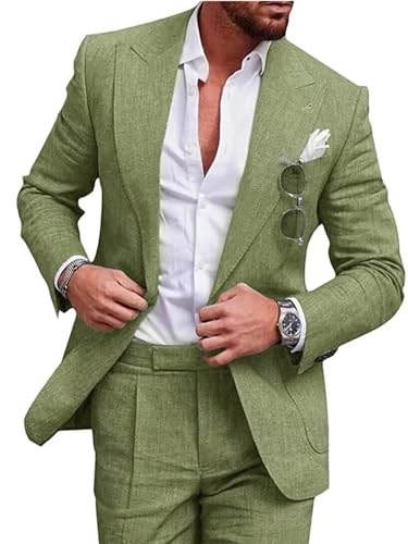 Men Suits 2 Piece Set Tuxedo Summer Casual Linen Men's Slim Fit Beach Wedding Daily Prom Dinner Party Homcoming Grooms Suit One Button Peak Lapel Regular Fit Jacket Blazer Pants Grass Green XXS