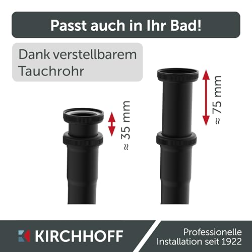 KIRCHHOFF Siphon schwarz Waschbecken, Siphon aus hochwertigem Edelstahl schwarz, Ablaufgarnitur Waschbecken schwarz, Syphon Waschbecken schwarz, Siphon mit Gummirosette und Montageanleitung, schwarz