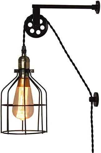 Antique Cage Hanging Wall Sconces Plug in for Bedroom Kitchen Living Room , Adjustable Pulley Wall Lamp Light Fixture for Bedside Reading ,Farmhouse Industrial Modern Mid Century Wall Décor (no Bulb)