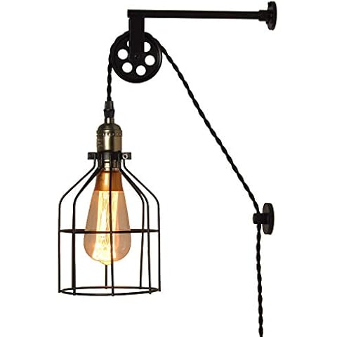 Antique Cage Hanging Wall Sconces Plug in for Bedroom Living Room , Adjustable Pulley Wall Lamp Light Fixture for Bedside Reading ,Farmhouse Industrial Mid Century Wall Décor (no Bulb) Cover