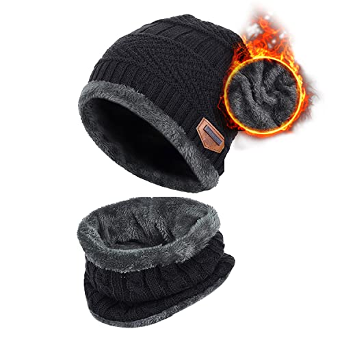 Enfants Bonnet Tricoté Écharpe Épais Tour de Cou avec Double Polaire Garçons Filles, 2 PCS Hiver Ensemble Chaud Neige Knit Skull Cap - 6/14 ans - Noir/Gris Cover