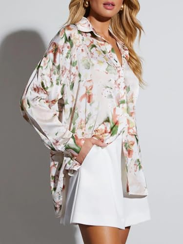 Blouses for Women Aesthetic Button Down Shirts Long Sleeve Dressy Casual Floral Tops Fall Outfits for Women 2025 Trendy - White Green Floral L3