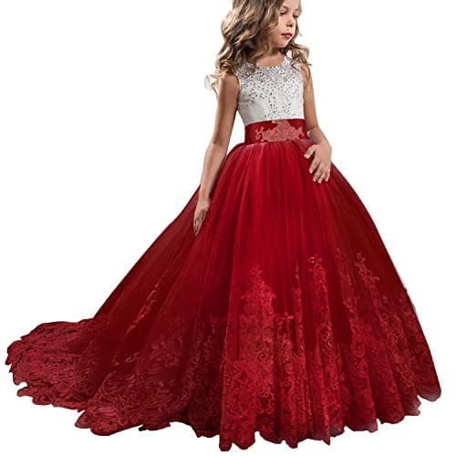TTYAOVO Vestido De Novia Princesa De Encaje Hasta El Suelo Para Niñas Vestidos De Tul Talla150 (10-11 Years) 406 Rojo