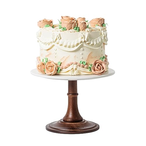 Kanwone 8-Inch Ceramic Cake Plate with Acacia Wood Stand, Round White Cake Stand for Party and Home Decorating