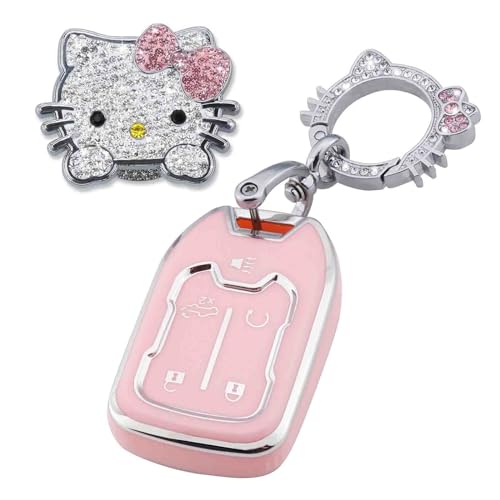 Pangpai Pink Car Accessories 3 Pcs for Chevy GMC Silverado Sierra 1500 2500HD 3500HD Terrain Acadia 5 Buttons Key Fob Cover with Bling Keychain Cute Push to Start Button Cover