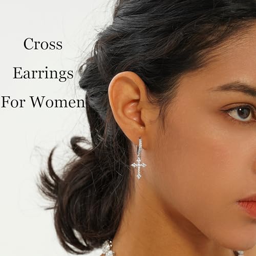 JINAO Cross Hoop Dangle Earrings 14K Gold Plated 5A+ Cubic Zirconia Cartilage Hypoallergenic Sterling Silver Cross Dangle Drop Earrings For Men Women4