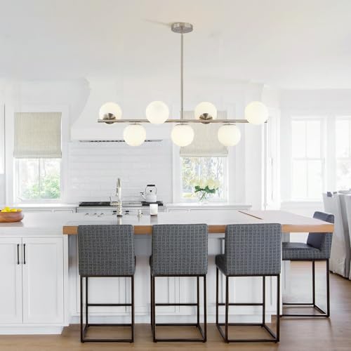 Flyrose Brushed Nickel Linear Kitchen Island Pendant Light Mid Century Modern 7-Lights Globe Chandelier Pendant Light Milk Glass Chandelier Silver Dining Room Light Fixture thumb #2