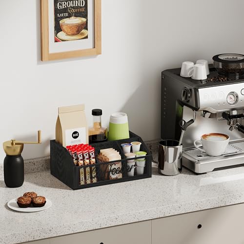 YINMIT Coffee Station Organizer for Countertop, Wood Coffee Bar Organizer with Removable Dividers for Pods, Syrup, Cups, Stirrer, Tea - Office Bar Accessories, Black - Thumbnail 2