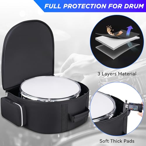 Aleemin Snare Drum Bag 14 x 6.5\'\', 8MM Thick Padded Snare Drum Backpack Soft Case with Multi-pocket, Drum Carrying Gig-bag with Backpack-Straps, Heavy Duty, Durable, Comfortable - Thumbnail 2