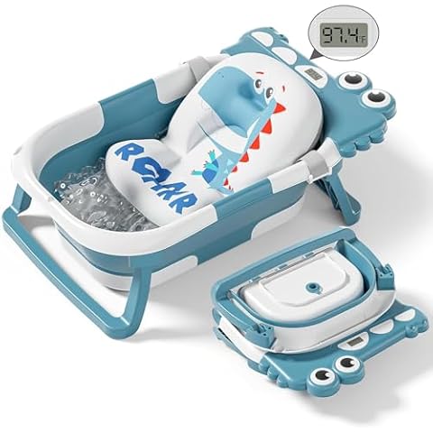Collapsible Baby Bathtub for Newborn with Thermometer & 1 Soft Floating Cushion & Drain Hole, Foldable & Portable Travel Baby Bath Tub for Newborns to Toddlers 0-36 Months Boys Cover