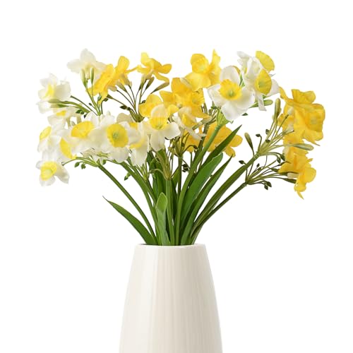 Hanycon 4Bundles Artificial Daffodils Flowers Fake Silk Daffodil Flower Faux Narcissus Spring Flowers for Wedding Bridal Bouquet Wreath Home Garden Decor (Yellow and White)