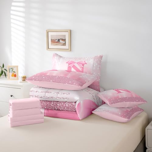 Image of Feelyou Boys Girls Pink Bowknot Bed in A Bag Queen Size, Personalized Initial N 7 Pieces Bedding Set Princess Glitter Comforter Set with Sheets Kids Bow Monogrammed Teens Bed Set Bedroom Decor 7Pcs