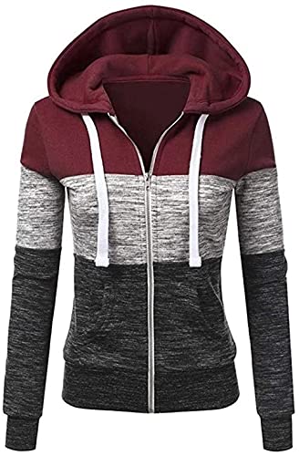 Seamido Damen Casual Color Block Sweatshirt Reißverschluss Hoodie Fleece Jacke mit Kängurutasche, Weinrot dunkelgrau, 48 Cover
