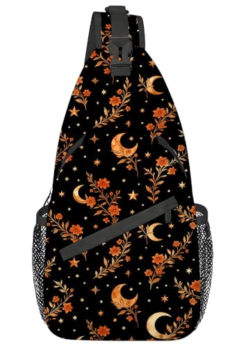 Pattern Sling Bag for Women Men, Moon And Floral Pattern Crossbody Backpack Lightweight Shoulder Bag, Small Hiking Daypack Chest Bag for Travel, Walking & Biking (Adjustable Reversible Strap)