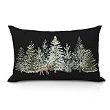 IAFQWDS Winter Tree Forest Decor Pillow Cover 12x20, Christmas Decor, Black Farmhouse Winter Landscape Xmas Reindeer Lumbar Pillow Covers Decorative for Sofa Couch Home Bedroom Living Room