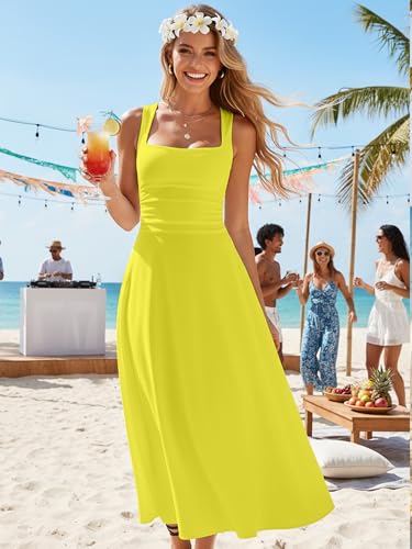Image of Kaximil Women's Square Neck Corset A Line Maxi Dress Ruffle Ruched Waist Flowy Long Dresses