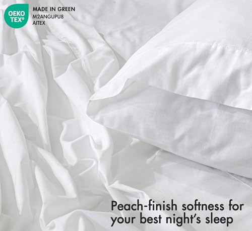 Image of RUVANTI 100% Cotton Percale Sheets Twin - Crisp Cooling Summer Bed Sheets for Hot Sleepers, Deep Pocket 14 inch, Soft Peach Finish, Breathable & Durable Hotel-Style 3 Piece Set, Bright White