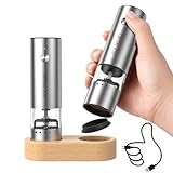 CIRCLE JOY 小型 充電式ペッパーミルセット 電動 ステンレス製ペッパーミル 厚さを外部で調整する 30ml容器 木製収納ベース 2本セット ミニサイズ シルバー